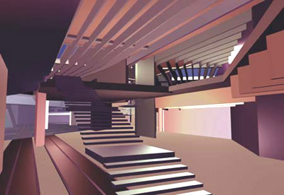 immagine a colori di un interno del Centro Nazionale per le Arti Contemporanee dell'architetto anglo-irakena Zaha Hadid (fonte: MN Comunicazione)