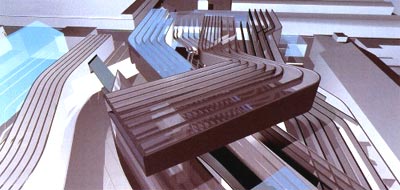 immagine grafica a colori del progetto del Centro Nazionale per le Arti Contemporanee dell'architetto anglo-irakeno Zaha Hadid (fonte: http://www.beniculturali.it/elencovoci/artecontemp/centro/cifre.html)