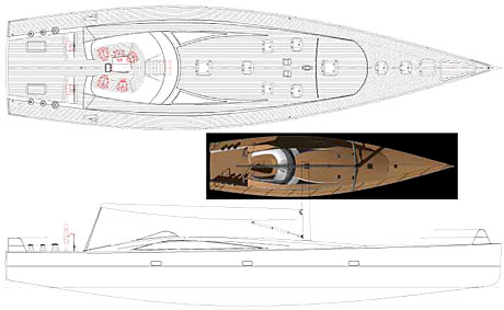 disegno tecnico della pianta e di una sezione longitudinale del progetto 'Shark' dell'arch. Andrea Perroni con resa realistica al computer (fonte: Andrea Perroni)
