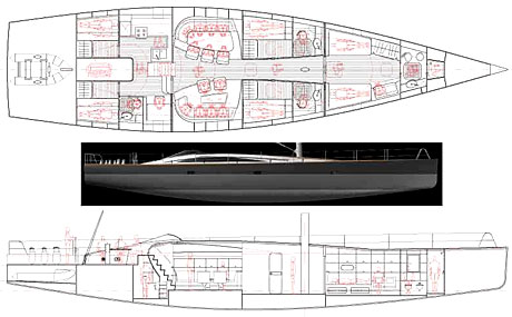 disegno tecnico della pianta e di una sezione longitudinale del progetto 'Shark' dell'arch. Andrea Perroni con resa realistica al computer (fonte: Andrea Perroni)