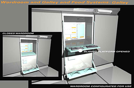 composizione grafica a colori del 'Wordroom and Galley and food systems: Galley' all'interno del Iss - Habitation Module (fonte: Daniele Bedini)