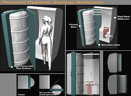 composizione grafica a colori del 'Personal Hygiene: shower/bathroom' all'interno del Iss - Habitation Module (fonte: Daniele Bedini)