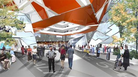 immagine a colori di una resa fotorealistica dell'ingresso del 'September 11th Place and Museum' - progetto dello Studio Daniel Libeskind, per la ricostruzione dell'area del World Trade Center (fonte: http://www.renewnyc.com/)