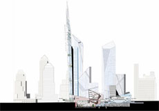disegno a colori di una sezione 'est-ovest' del progetto dello Studio Daniel Libeskind, per la ricostruzione dell'area del World Trade Center (fonte: http://www.renewnyc.com/)