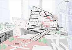 disegno a colori di una sezione del 'Ground Zero and Museum' del progetto dello Studio Daniel Libeskind, per la ricostruzione dell'area del World Trade Center (fonte: http://www.renewnyc.com/)