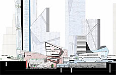 disegno a colori di una sezione 'est-ovest' del progetto dello Studio Daniel Libeskind, per la ricostruzione dell'area del World Trade Center (fonte: http://www.renewnyc.com/)
