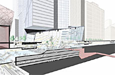 disegno a colori di una sezione della 'Stazione' del progetto dello Studio Daniel Libeskind, per la ricostruzione dell'area del World Trade Center (fonte: http://www.renewnyc.com/)