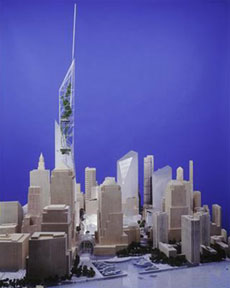 fotografia a colori di una vista dal fiume Hudson del modelino del progetto dello Studio Daniel Libeskind, per la ricostruzione dell'area del World Trade Center (fonte: http://www.renewnyc.com/)