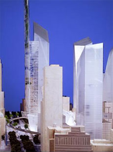 fotografia a colori di una vista da West Street del modelino del progetto dello Studio Daniel Libeskind, per la ricostruzione dell'area del World Trade Center (fonte: http://www.renewnyc.com/)