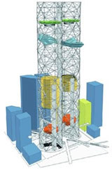 disegno di una assonometria a colori della fase finale di realizzazione del progetto "World Cultural Center" dello Studio Think Design (fonte: http://www.renewnyc.com/)