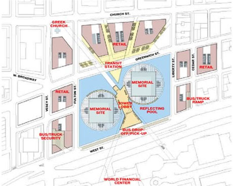 pianta a colori a livello della strada del progetto "World Cultural Center" dello Studio Think Design (fonte: http://www.renewnyc.com/)