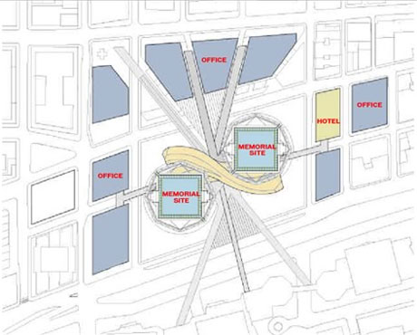 pianta a colori a livello delle piattaforme del progetto "World Cultural Center" dello Studio Think Design (fonte: http://www.renewnyc.com/)