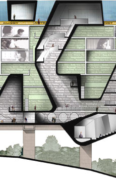 immagine a colori fatte in computer grafica di una sezione del progetto 'Riprogettare la città moderna' - quartiere Rozzol Melara, a Trieste (fonte: Sherpa)