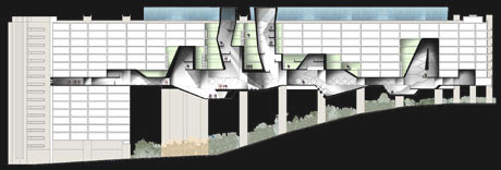 immagine a colori fatte in computer grafica di una sezione del progetto 'Riprogettare la città moderna' - quartiere Rozzol Melara, a Trieste (fonte: Sherpa)
