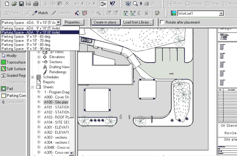 immagine a colori di una schermata del programma Autodesk Revit che mostra un'area di parcheggio e piante, componenti parametrici situati nel modello di Autodesk (fonte: Autodesk Italia)