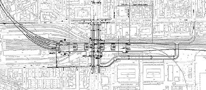 immagine in bianco e nero di un disegno degli ingombri nel sottosuolo del progetto Passante, a Milano (fonte: http://www.beic.it/competition/maps.htm)