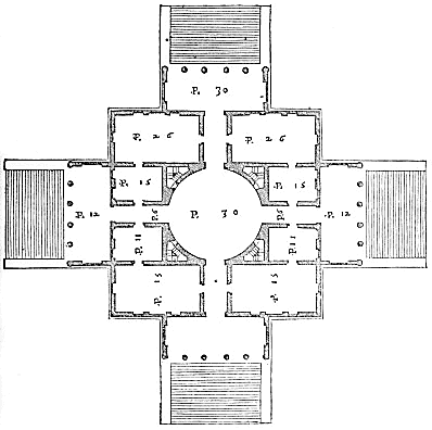 disegno di una pianta in bianco e nero di uno degli edifici pi famosi dell'architetto Palladio, la Rotonda di Palladio (fonte: www.vitruvio.ch/arc/gallery5/ palladio/g_piantarotonda.htm)