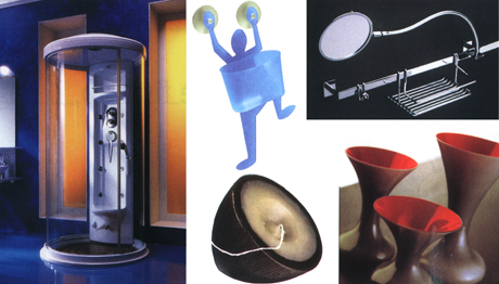 composizione di fotografie a colori di oggetti esposti a La mia casa. (fonte: Bagnocucina, n°56, anno XXI, novembre 2001)