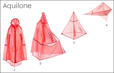 fotografia a colori di una mantella che, con un gioco di velcri e zip, diventa un aquilone. (fonte: sito internet www.cpcompany.com)