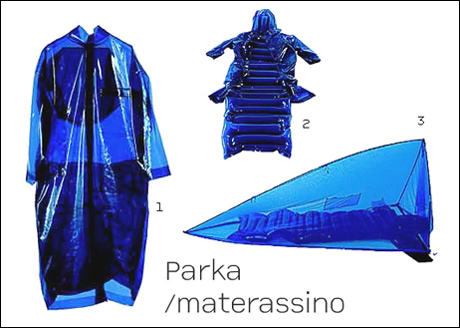 fotografia a colori di un parka che si trasforma in un materassino, sovrastato da una tenda. (fonte: sito internet www.cpcompany.com)