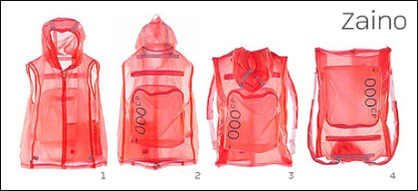 fotografia a colori di un gilet che, tramite un gioco di zip, si trasforma in zaino. (fonte: sito internet www.cpcompany.com)