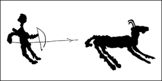 disegno al tratto di un iscrizione rupestre raffigurante una scena di caccia al camoscio, ritrovata in Val Camonica (fonte: A. Priuli, Incisioni rupestri della Val Camonica, Priuli e Verlucca editori, Ivrea 1985)