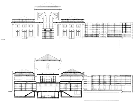 disegno in bianco e nero del prospetto e della sezione del Museo del Fado a Lisbona. (fonte: 'Joo Santa Rita, Projectos 1987 - 1998')