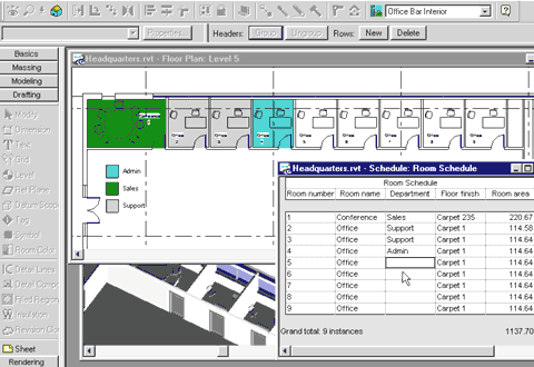immagine a colori di una schermata del programma Autodesk Revit che mostra come il programma aggiorni automaticamente le informazioni inserite direttamente nel progetto e nell'abaco (fonte: Autodesk Italia)