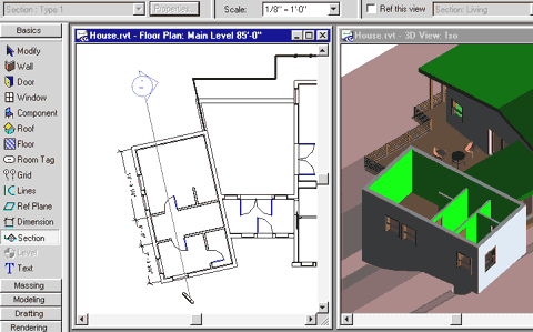 immagine a colori di una schermata del programma Autodesk Revit che mostra come il programma consenta di creare molto rapidamente sezioni del progetto (fonte: Autodesk Italia)