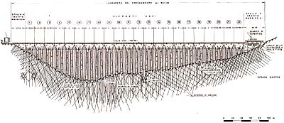 disegno tecnico in bianco e nero di una sezione longitudinale della diga di malga Bissina (fonte: 'opuscolo della Societ idroelettrica Alto Chiese')