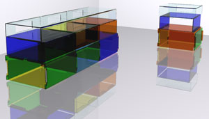 fotografia a colori di un triplo tavolo a elementi sovrapponibili della serie TRIS dell'architetto Sergio Catalano (fonte: Sergio Catalano)